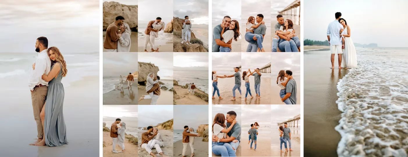 Beach pre-wedding references: couples in light pastel fabrics at the water’s edge