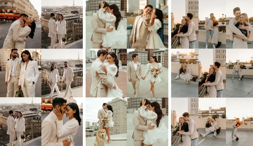 City pre-wedding references: couples photographed on rooftops and streets in neutral tailoring
