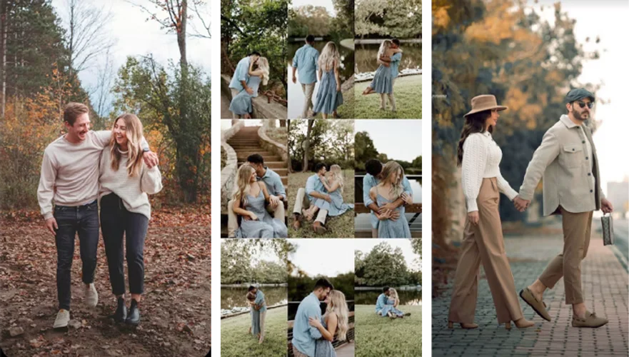 Farm and countryside pre-wedding references: couples in knitwear and soft blues among open fields and woodland