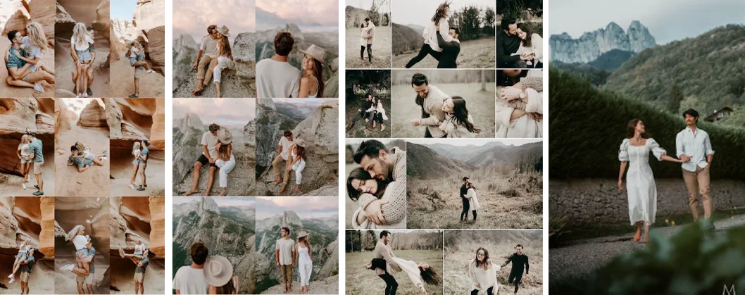 Mountain pre-wedding references: couples in flowing dresses and knitted layers among cliffs and valleys