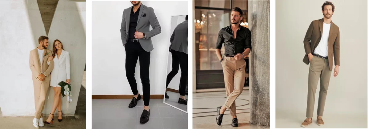Formal outfit references: tailored suits and blazers with crisp shirts and leather shoes