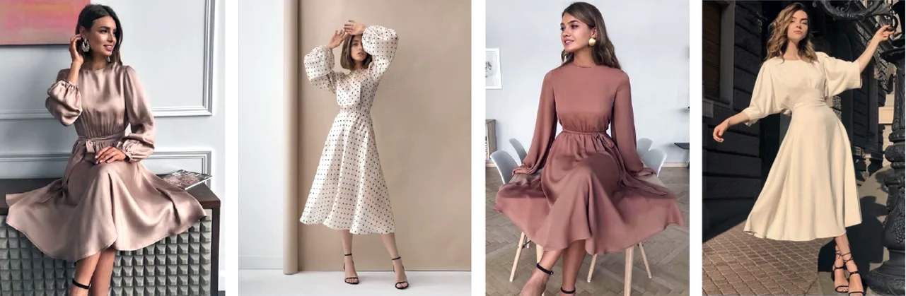 Elegant dress references: flowing midi and maxi dresses in soft neutral tones